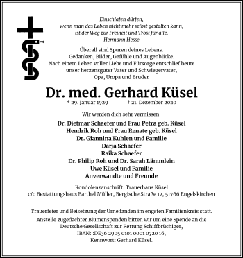 Anzeige von Gerhard Küsel von Kölner Stadt-Anzeiger / Kölnische Rundschau / Express