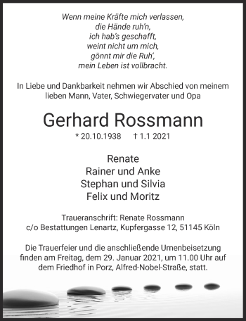 Anzeige von Gerhard Rossmann von  Kölner Wochenspiegel 