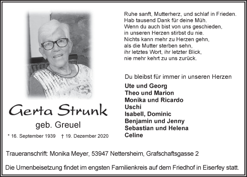  Traueranzeige für Gerta Strunk vom 02.01.2021 aus  Blickpunkt Euskirchen 