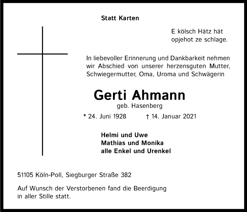  Traueranzeige für Gerti Ahmann vom 27.01.2021 aus Kölner Stadt-Anzeiger / Kölnische Rundschau / Express