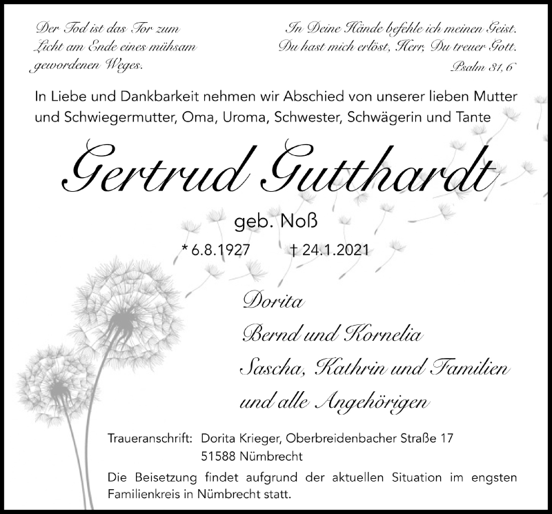  Traueranzeige für Gertrud Gutthardt vom 29.01.2021 aus  Lokalanzeiger 
