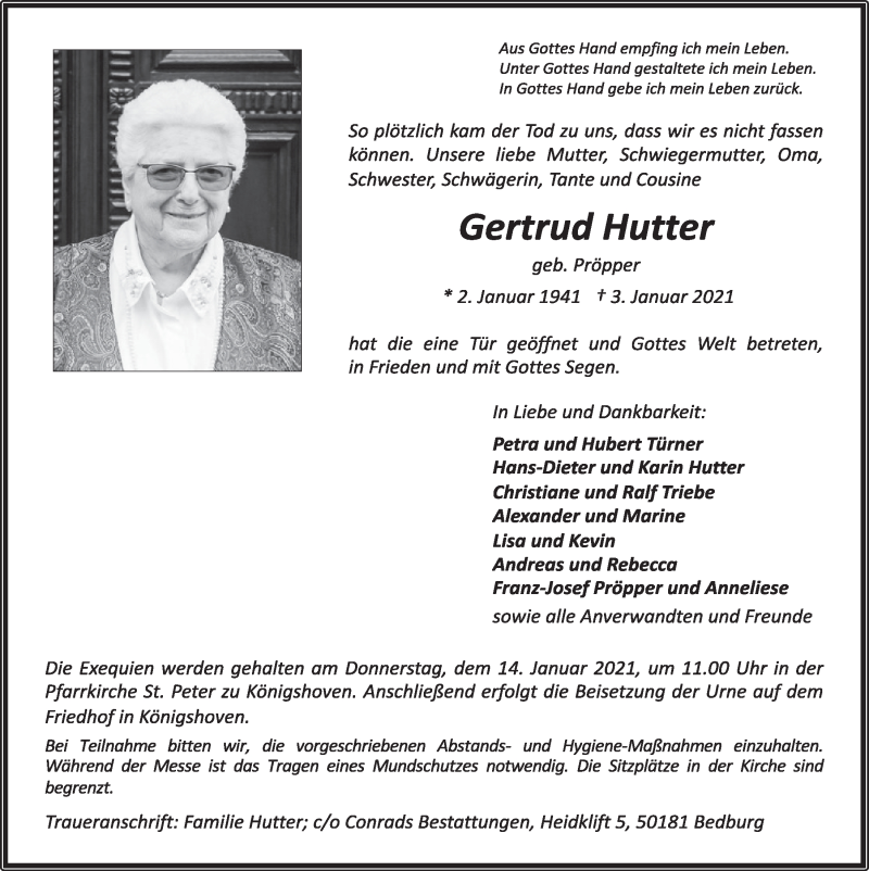  Traueranzeige für Gertrud Hutter vom 08.01.2021 aus  Werbepost 