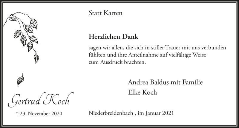  Traueranzeige für Gertrud Koch vom 15.01.2021 aus  Lokalanzeiger 