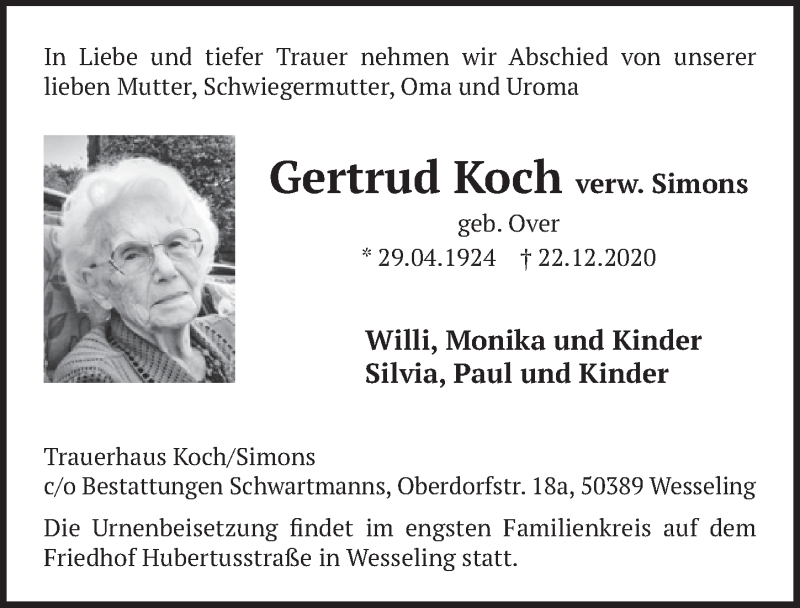  Traueranzeige für Gertrud Koch vom 02.01.2021 aus  Schlossbote/Werbekurier 