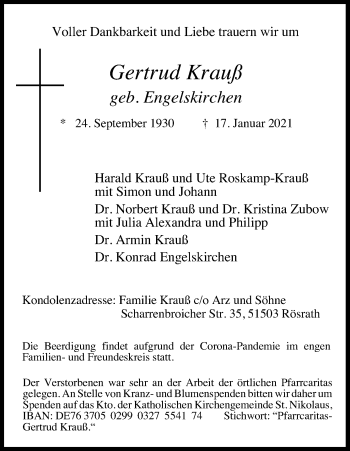 Anzeige von Gertrud Krauß von Kölner Stadt-Anzeiger / Kölnische Rundschau / Express