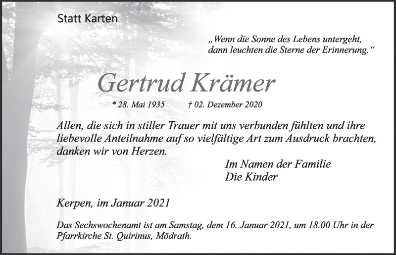  Traueranzeige für Gertrud Krämer vom 08.01.2021 aus  Werbepost 