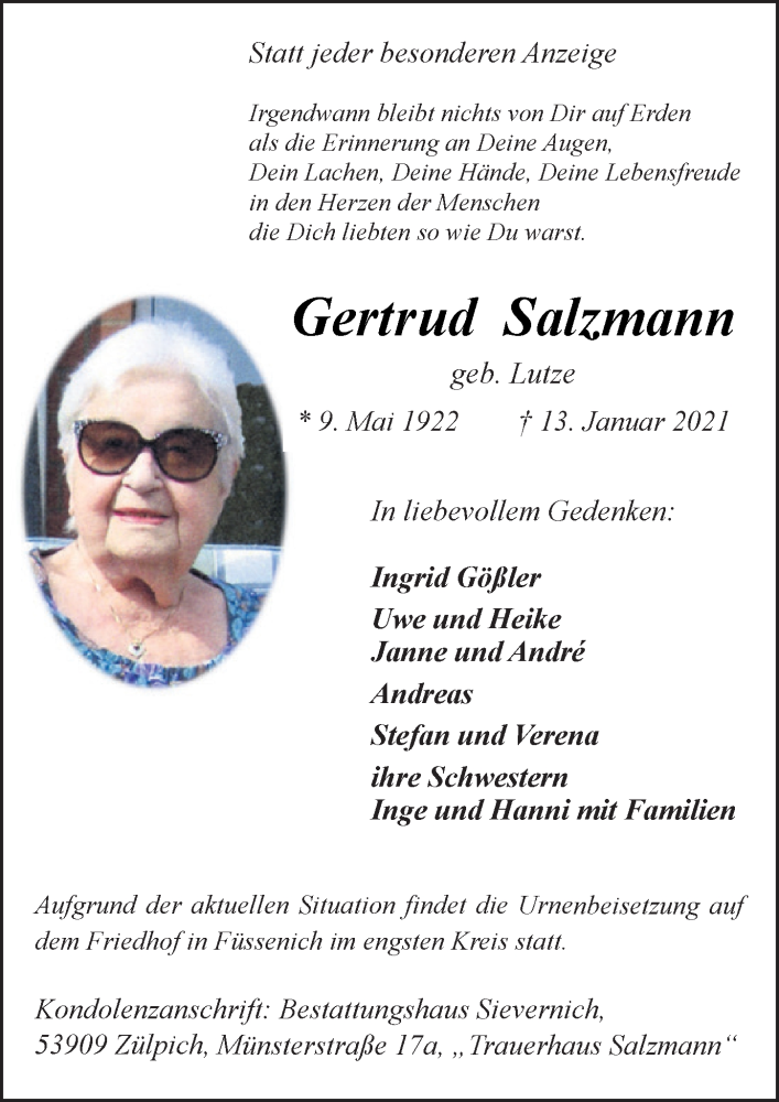  Traueranzeige für Gertrud Salzmann vom 23.01.2021 aus  Blickpunkt Euskirchen 