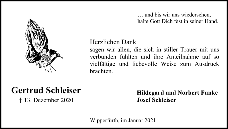 Traueranzeige für Gertrud Schleiser vom 09.01.2021 aus Kölner Stadt-Anzeiger / Kölnische Rundschau / Express