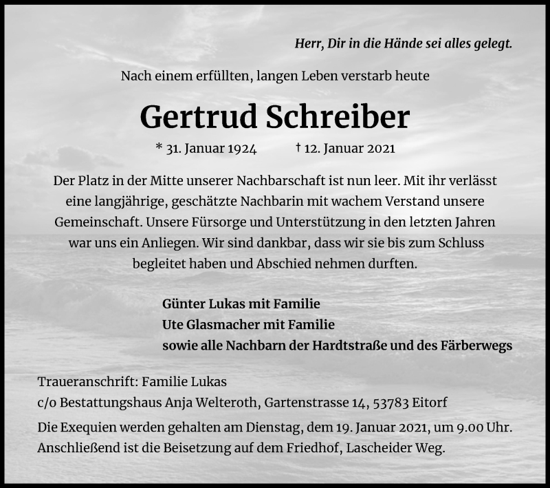  Traueranzeige für Gertrud Schreiber vom 16.01.2021 aus Kölner Stadt-Anzeiger / Kölnische Rundschau / Express