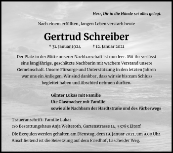 Anzeige von Gertrud Schreiber von Kölner Stadt-Anzeiger / Kölnische Rundschau / Express