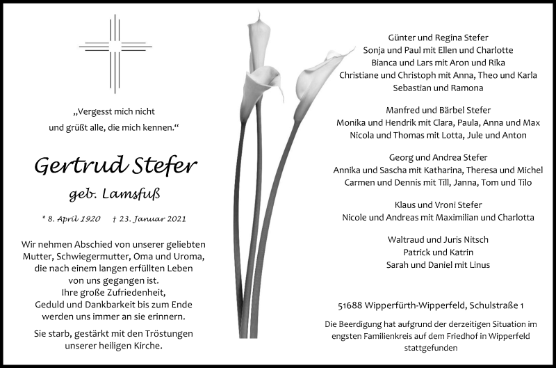  Traueranzeige für Gertrud Stefer vom 30.01.2021 aus Kölner Stadt-Anzeiger / Kölnische Rundschau / Express