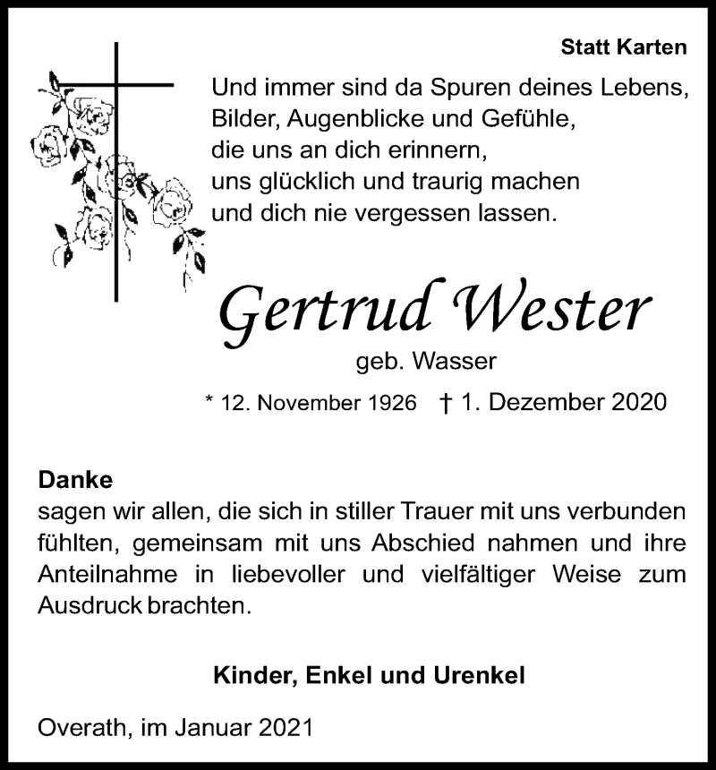  Traueranzeige für Gertrud Wester vom 16.01.2021 aus Kölner Stadt-Anzeiger / Kölnische Rundschau / Express