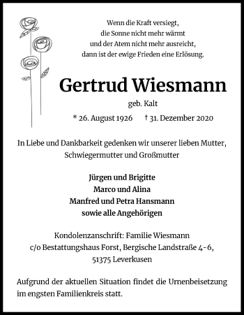 Anzeige von Gertrud Wiesmann von Kölner Stadt-Anzeiger / Kölnische Rundschau / Express