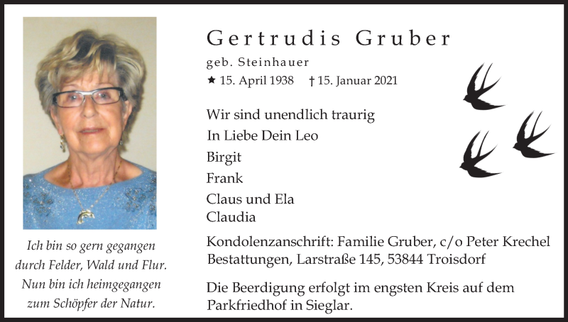  Traueranzeige für Gertrudis Gruber vom 23.01.2021 aus Kölner Stadt-Anzeiger / Kölnische Rundschau / Express