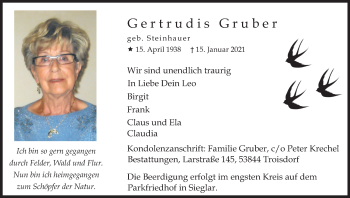 Anzeige von Gertrudis Gruber von Kölner Stadt-Anzeiger / Kölnische Rundschau / Express