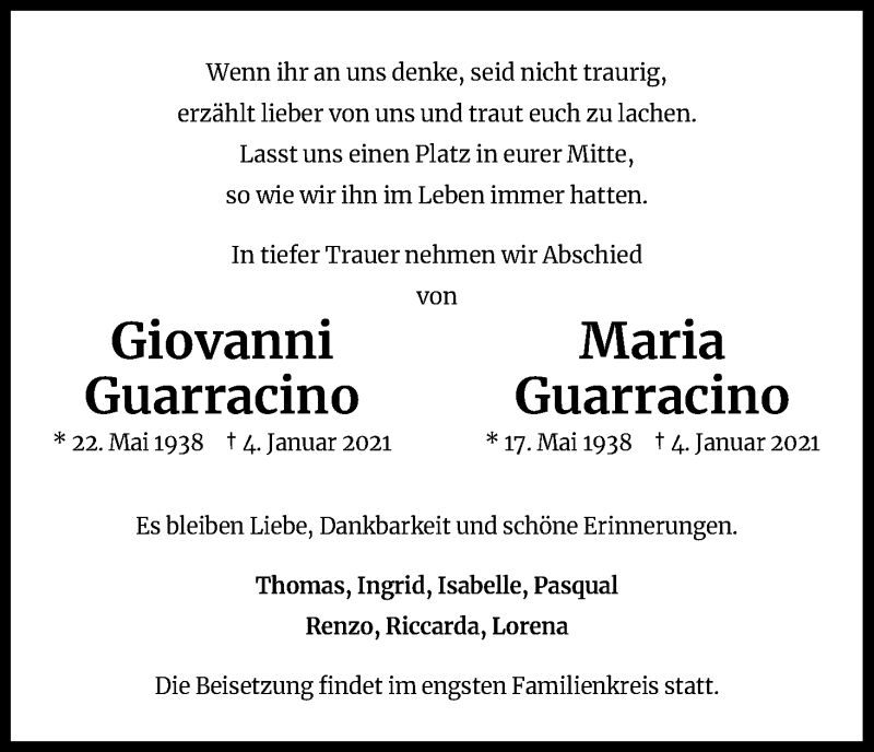  Traueranzeige für Giovanni Guarracino vom 30.01.2021 aus Kölner Stadt-Anzeiger / Kölnische Rundschau / Express