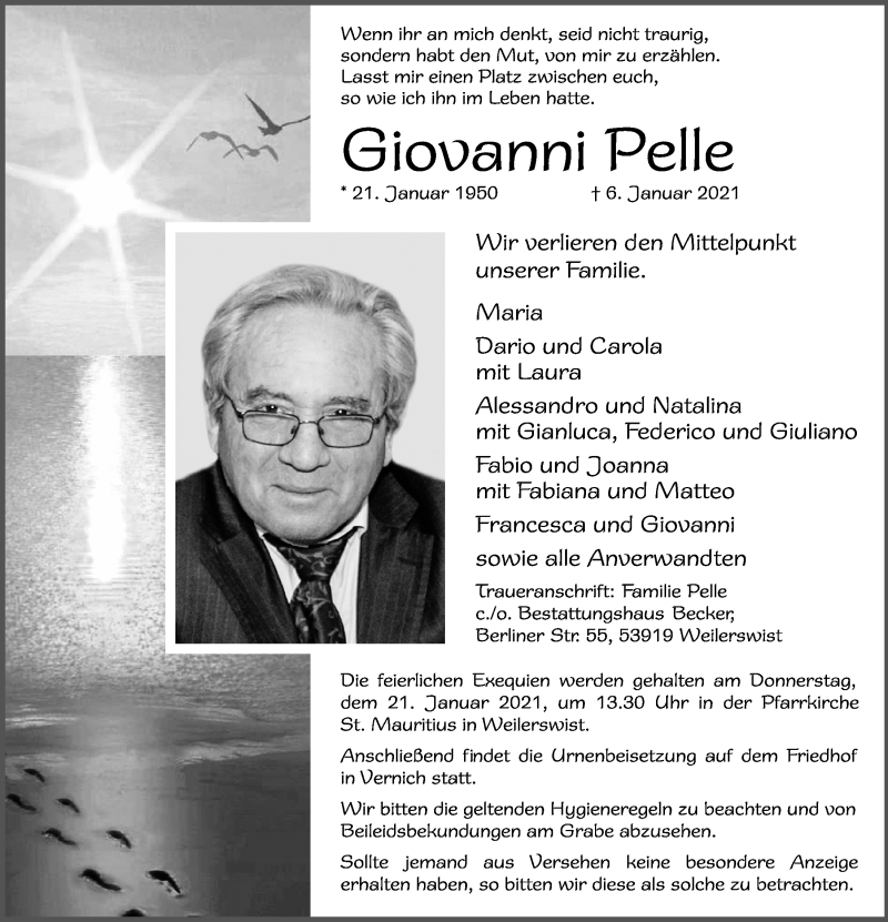 Traueranzeige für Giovanni Pelle vom 16.01.2021 aus  Blickpunkt Euskirchen 