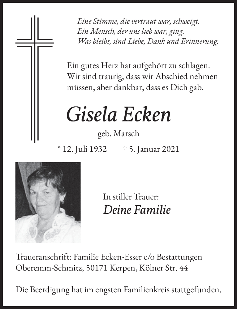  Traueranzeige für Gisela Ecken vom 22.01.2021 aus  Werbepost 