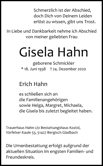 Anzeige von Gisela Hahn von Kölner Stadt-Anzeiger / Kölnische Rundschau / Express