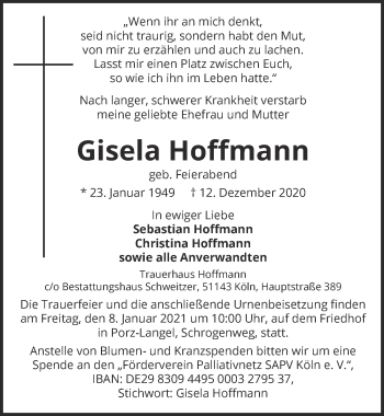 Anzeige von Gisela Hoffmann von  Kölner Wochenspiegel 