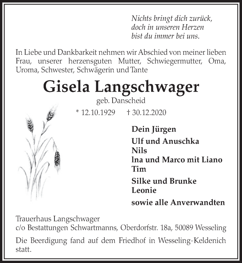  Traueranzeige für Gisela Langschwager vom 08.01.2021 aus  Schlossbote/Werbekurier 