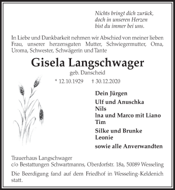Anzeige von Gisela Langschwager von  Schlossbote/Werbekurier 