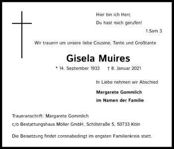 Anzeige von Gisela Muires von Kölner Stadt-Anzeiger / Kölnische Rundschau / Express