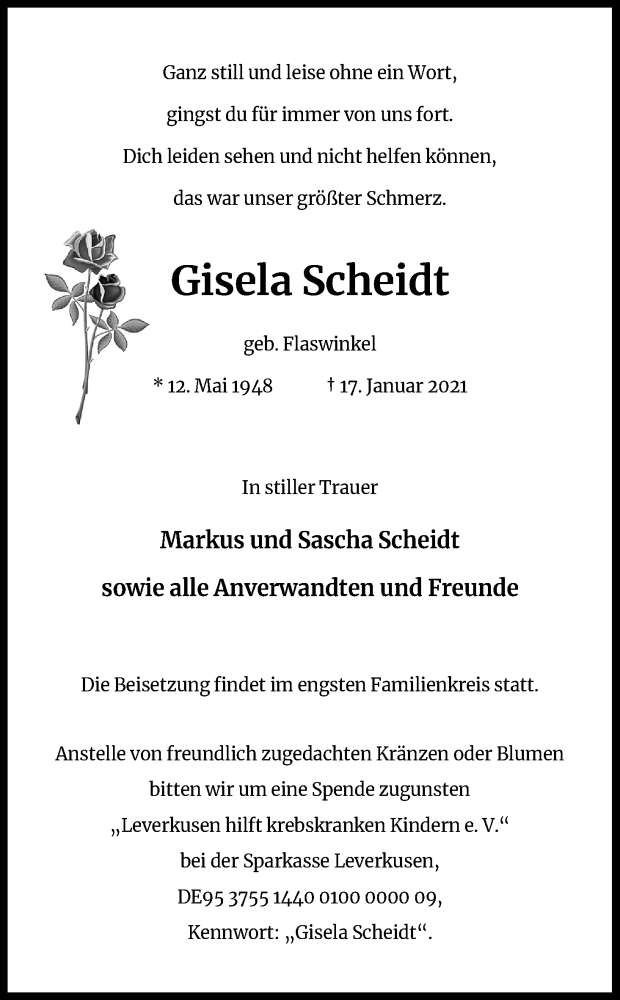  Traueranzeige für Gisela Scheidt vom 23.01.2021 aus Kölner Stadt-Anzeiger / Kölnische Rundschau / Express