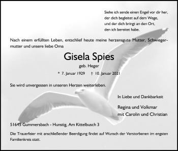 Anzeige von Gisela Spies von Kölner Stadt-Anzeiger / Kölnische Rundschau / Express