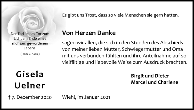  Traueranzeige für Gisela Uelner vom 16.01.2021 aus Kölner Stadt-Anzeiger / Kölnische Rundschau / Express