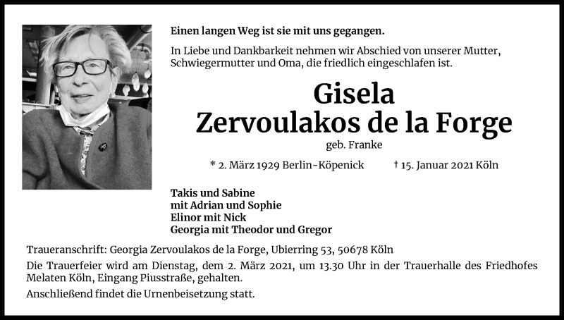  Traueranzeige für Gisela Zervoulakos de la Forge vom 23.01.2021 aus Kölner Stadt-Anzeiger / Kölnische Rundschau / Express