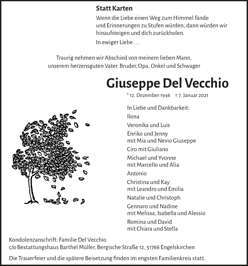  Traueranzeige für Giuseppe  Del Vecchio vom 22.01.2021 aus  Anzeigen Echo 