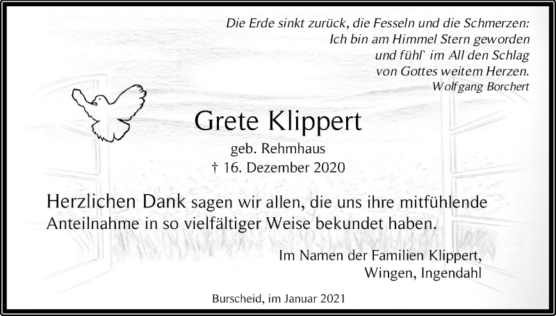  Traueranzeige für Grete Klippert vom 30.01.2021 aus Kölner Stadt-Anzeiger / Kölnische Rundschau / Express