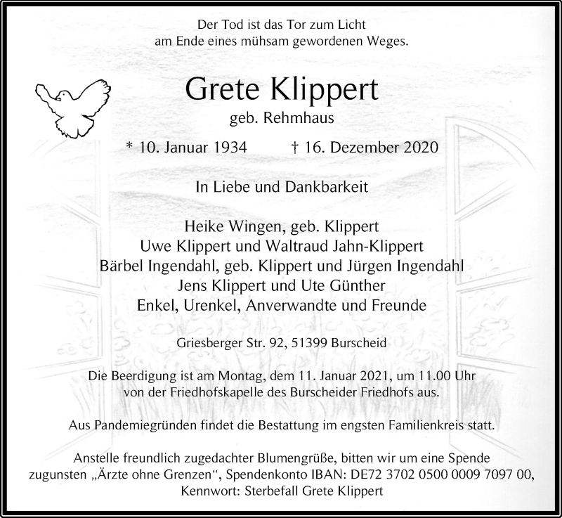  Traueranzeige für Grete Klippert vom 02.01.2021 aus Kölner Stadt-Anzeiger / Kölnische Rundschau / Express