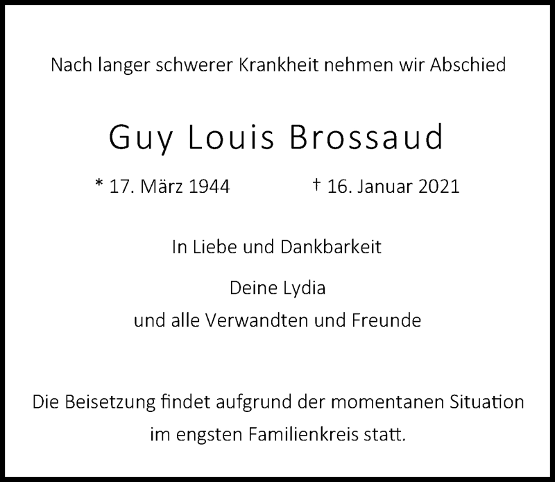  Traueranzeige für Guy Louis Brossaud vom 22.01.2021 aus  Kölner Wochenspiegel 