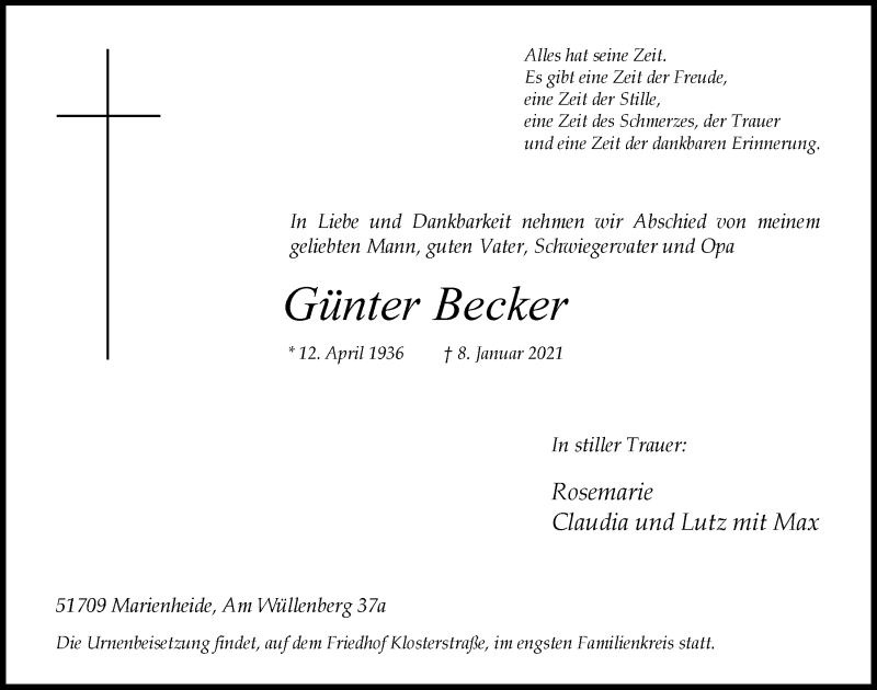  Traueranzeige für Günter Becker vom 22.01.2021 aus  Anzeigen Echo 