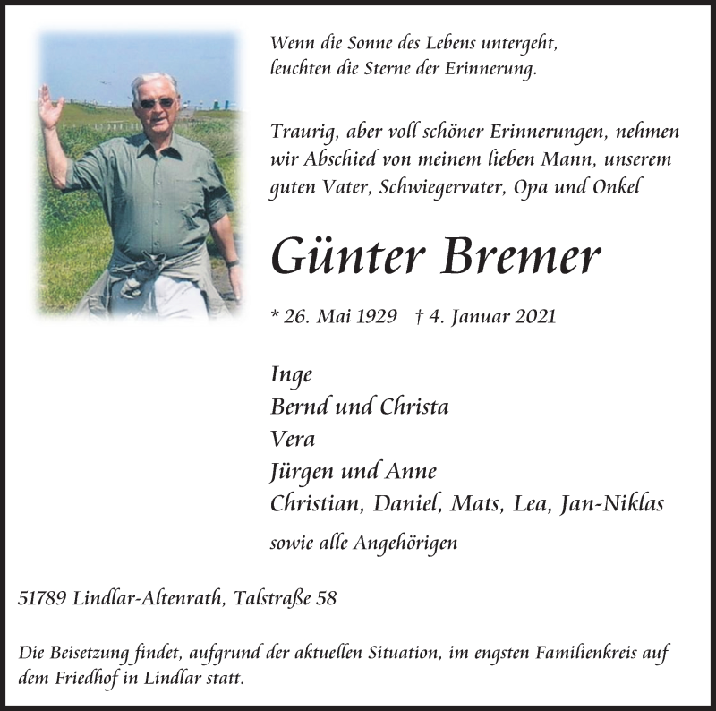  Traueranzeige für Günter Bremer vom 09.01.2021 aus Kölner Stadt-Anzeiger / Kölnische Rundschau / Express