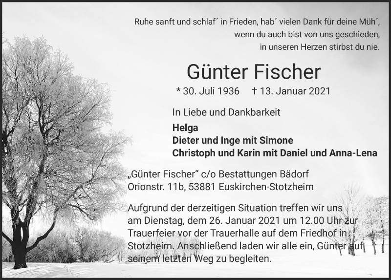  Traueranzeige für Günter Fischer vom 23.01.2021 aus  Blickpunkt Euskirchen 
