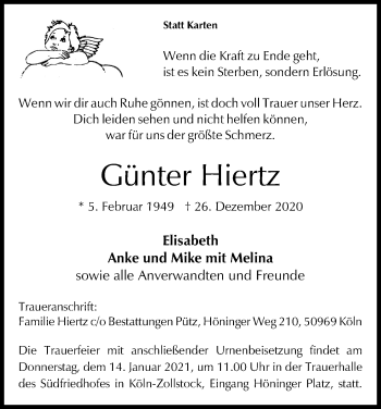Anzeige von Günter Hiertz von Kölner Stadt-Anzeiger / Kölnische Rundschau / Express