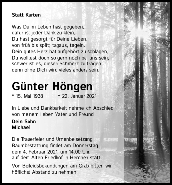 Anzeige von Günter Höngen von Kölner Stadt-Anzeiger / Kölnische Rundschau / Express