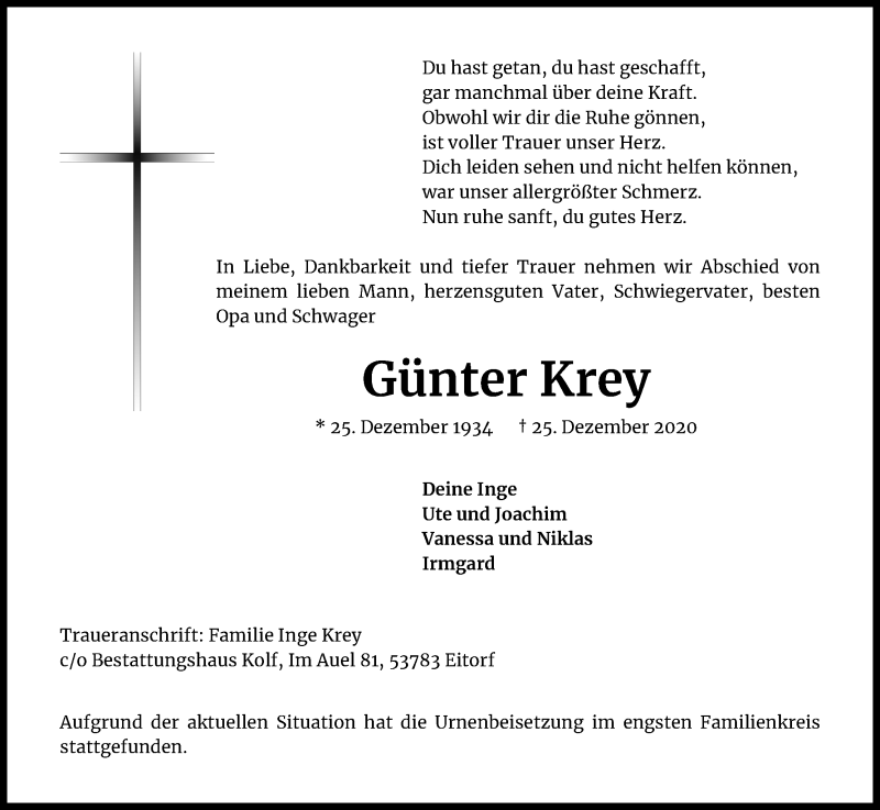  Traueranzeige für Günter Krey vom 09.01.2021 aus Kölner Stadt-Anzeiger / Kölnische Rundschau / Express