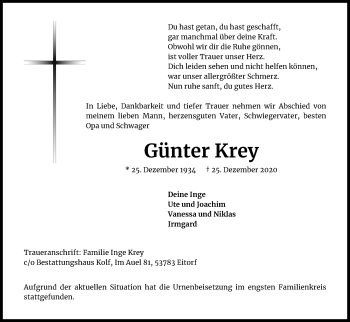 Anzeige von Günter Krey von Kölner Stadt-Anzeiger / Kölnische Rundschau / Express