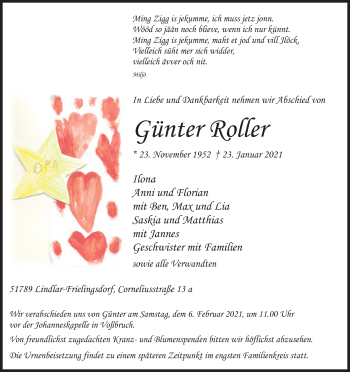 Anzeige von Günter Roller von Kölner Stadt-Anzeiger / Kölnische Rundschau / Express