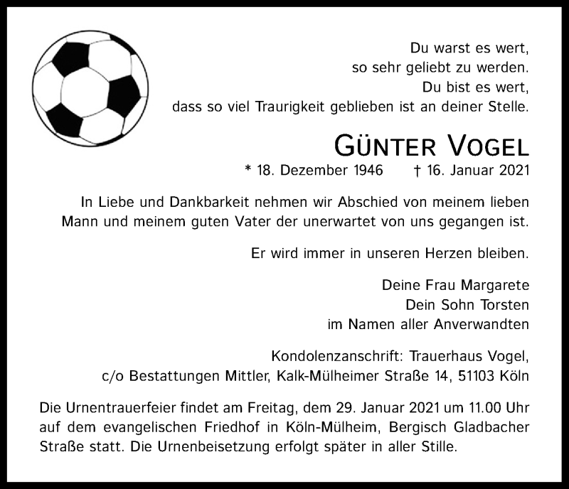  Traueranzeige für Günter Vogel vom 23.01.2021 aus Kölner Stadt-Anzeiger / Kölnische Rundschau / Express