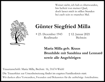 Anzeige von Günter Siegfried Milla von  Anzeigen Echo 