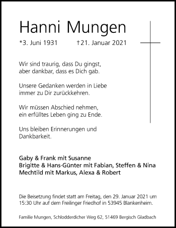 Anzeige von Hanna Mungen von Kölner Stadt-Anzeiger / Kölnische Rundschau / Express