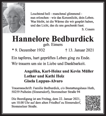 Anzeige von Hannelore Bedburdick von  Wochenende 