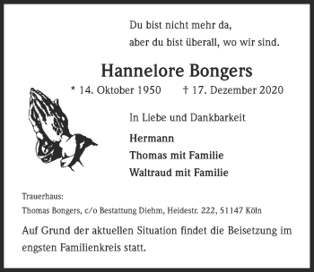 Anzeige von Hannelore Bongers von  Kölner Wochenspiegel 