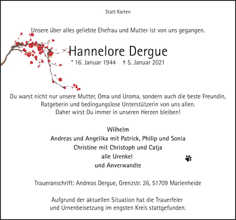  Traueranzeige für Hannelore Dergue vom 22.01.2021 aus  Anzeigen Echo 