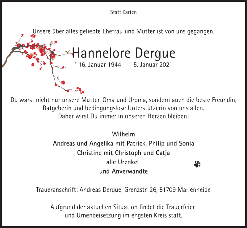  Traueranzeige für Hannelore Dergue vom 16.01.2021 aus Kölner Stadt-Anzeiger / Kölnische Rundschau / Express